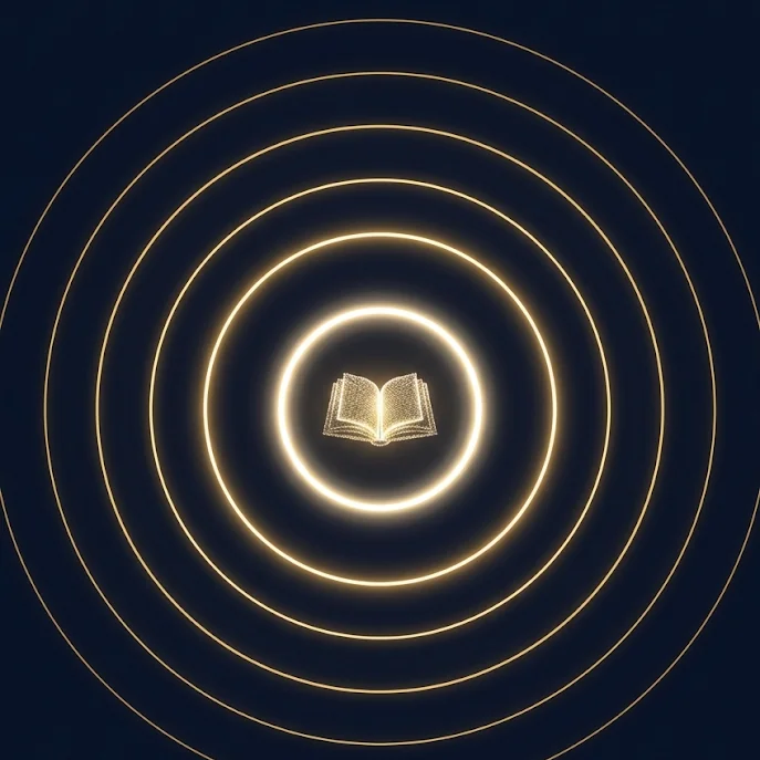Seven gold rings of AIB.core around an open book