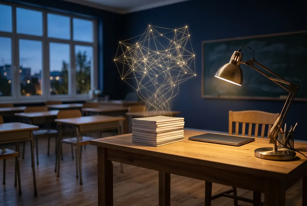 A teacher's desk at dusk with a gold network rising from the students' exercise books